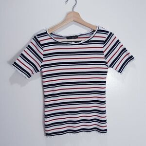 NWOT Sailor Striped Ribbed Korean Scallop Trim Top